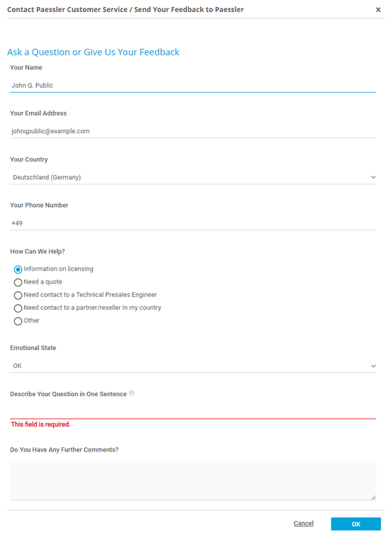 Contact Paessler Customer Service Form